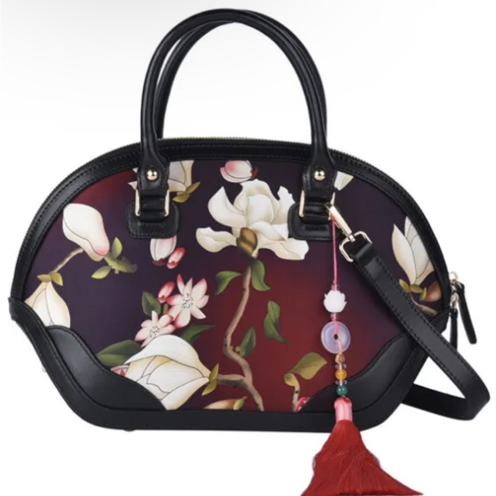 Shanghai Designer Closeout Dark Purple Flower Pattern Brocade Mulberry Silk Tote